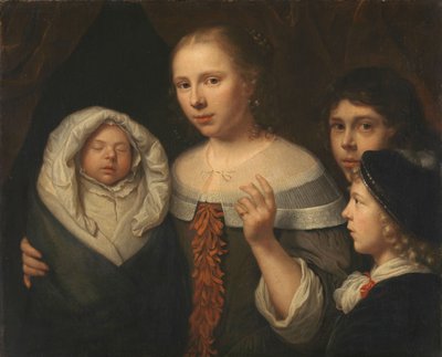 带着三个孩子的年轻女性肖像 作者 Wallerant Vaillant（归因于）