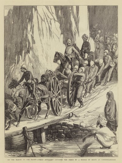在3月到前线，野战炮兵穿过印度河，在Khooshiahgurh的一座小船桥上 作者 Walter Charles Horsley