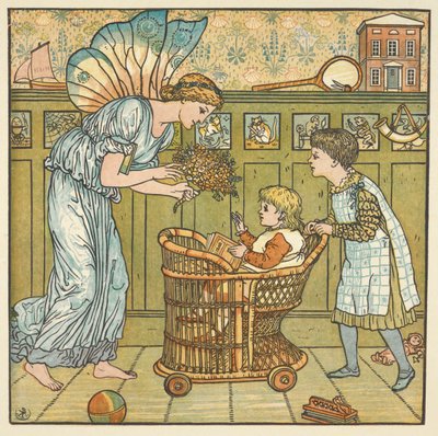 童谣 "婴儿的花束 "的彩色插图。仙女给孩子送花。 作者 沃尔特克兰