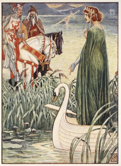 亚瑟王向亨利吉尔伯特出版的“圆桌骑士的故事”，第一版，1911年向湖中夫人询问剑神剑 作者 沃尔特克兰