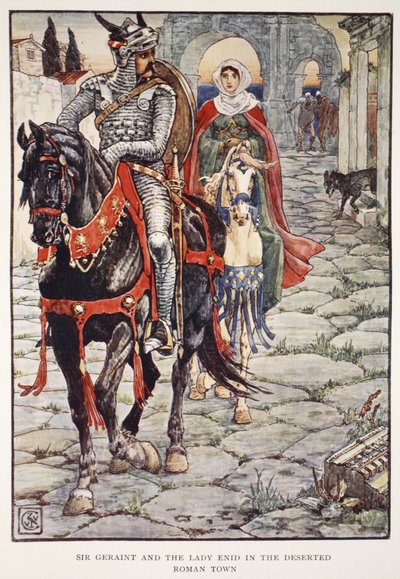 1951年第一版亨利吉尔伯特的“圆桌骑士的故事”中的格兰特爵士和被遗弃的罗马城的伊尼德夫人 作者 沃尔特克兰