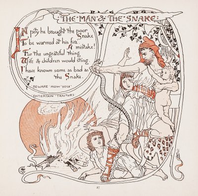 The Man＆The Snake，来自Aesops Fables，酒吧的插图。 1887年 作者 Walter Crane