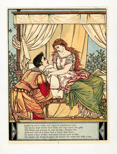 王子唤醒美人，出自《蓝胡子画册》，出版。1879年彩色石版画，1879年。 作者 沃尔特克兰