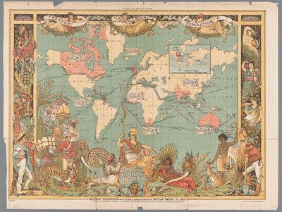 Wereldkaart met het koloniale Britse Rijk, 1886
帝国联邦，显示 1886 年大英帝国版图的世界地图（标题在实物上） 作者 沃尔特克兰