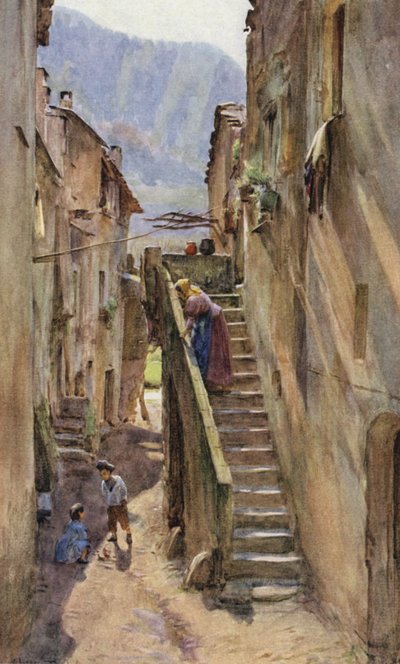 Vicolo del Ponte，Villa Nuova Di Albenga，意大利（彩色石版画） 作者 沃尔特·弗雷德里克·屋顶·廷代尔