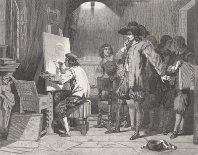 塞巴斯蒂安-戈麦斯被他的主人穆里略发现，在工作中，摘自《插图L...》，1848年4月29日。 作者 Walter George Mason