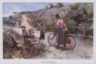 咨询机构：骑自行车的女人向一群孩子问路（彩色石版画） 作者 沃尔特·格兰维尔·史密斯