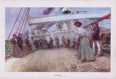 In Mid-Ocean: passengers enjoying a game of shuffleboard on board a ship (colour litho) 作者 沃尔特·格兰维尔·史密斯