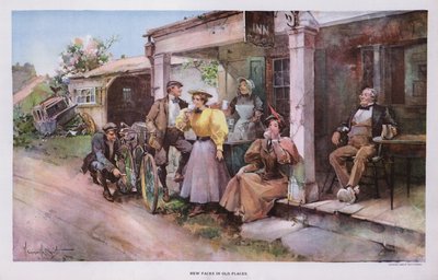 老地方的新面孔：一群骑自行车的人在路边小店吃点心（彩色石版画） 作者 沃尔特·格兰维尔·史密斯