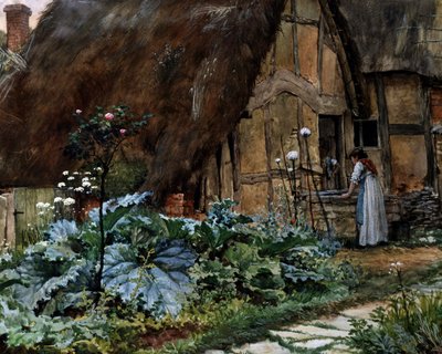 小屋旁谷仓窗前的对话。Well Walter Langley（1852-1922 年，英国人）的画作 私人收藏 作者 沃尔特·兰利