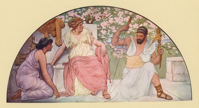 赫拉克勒斯拿着手杖为王后奥法尔纺纱（彩色石版画） 作者 Walter MacEwen