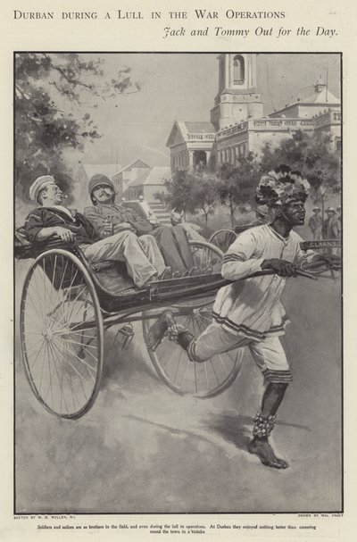 英国水手和士兵在布尔战争（石版画）的战斗平静期间乘坐人力车穿过德班的街道 作者 沃尔特·佩吉特