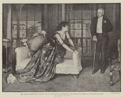 帕特里克·坎贝尔夫人（Agnes Ebbsmith）和哈尔先生（St Olpherts公爵）在臭名昭着的埃布斯密斯夫人身边，在加里克剧院 作者 Walter Paget