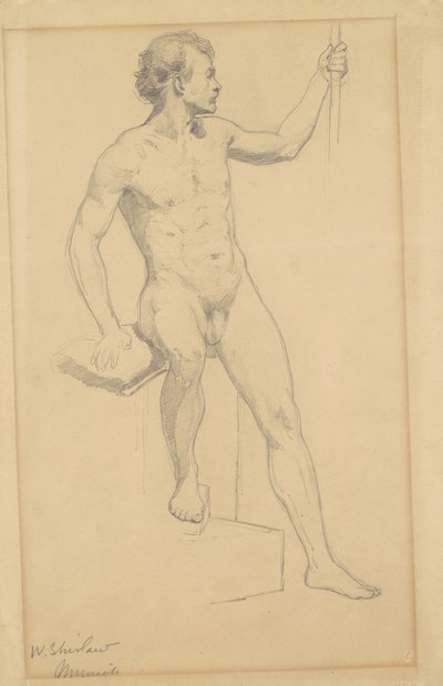 坐着的男性裸体，1870-77（编织纸上的石墨） 作者 Walter Shirlaw