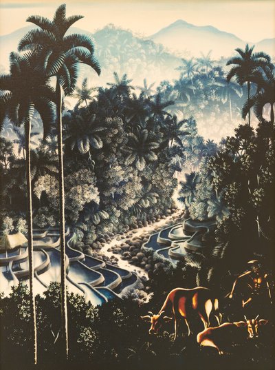 有牧人和奶牛的河流景观（Flusslandschaft mit Hirten und Kuehen） 作者 Walter Spies