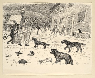 圣尼古拉斯和 Krampus 与孩子们一起在乡村游玩 作者 瓦尔特·加梅里斯
