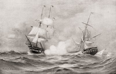1812年战争期间美国宪法和HMS Guerriere之间的战斗，距离我国历史的新斯科舍省哈利法克斯东南约400英里，1905年出版 作者 沃伦·谢泼德（Warren Sheppard）