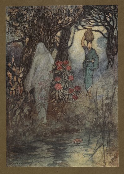 插图 18："婆罗门的妻子有一次去水缸边，走着走着就被一只桑金尼刷了一下"，选自《孟加拉民间故事》...配有沃里克-戈布尔绘制的 32 幅彩色插图。(豪华版）。 作者 沃里克·戈布尔