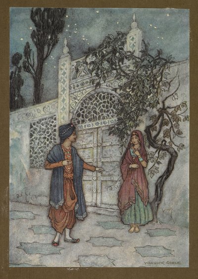 图版 2："王子苏醒过来，走着走着，看到大门附近有一个人影"，选自《孟加拉民间故事》...附沃里克-戈布尔绘制的 32 幅彩色插图 作者 沃里克·戈布尔