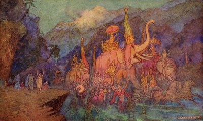 “十八日之战中的英雄归来”，Donald A. Mackenzie撰写的“印第安神话与传说”插图，1913年出版 作者 沃里克·戈布尔