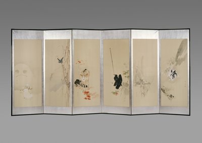 折叠屏幕：十二个月的鲜花，c.1900（纸上的墨水和颜色） 作者 渡边页伊