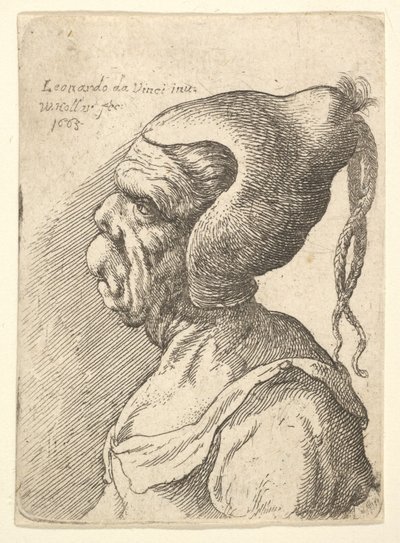 1665年，一名戴着圆锥形帽子和两个晃来晃去的辫子的畸形女人的胸像。 作者 瓦茨劳斯·霍拉尔