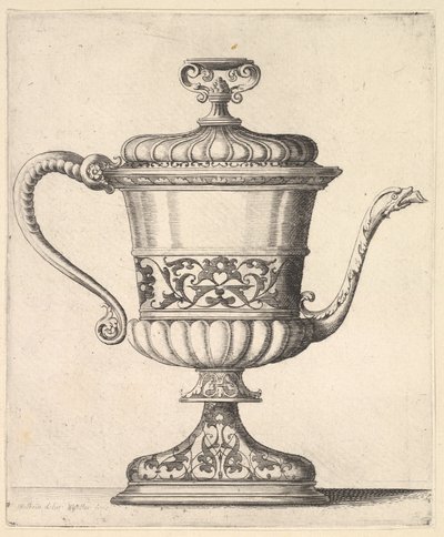 带盖子的水罐，刻有蔓藤花纹，右端的细嘴以蛇形结束，1625-77年。 作者 瓦茨劳斯·霍拉尔