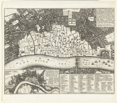 1666 年伦敦城市地图（Plattegrond van Londen na de grote brand van 1666
伦敦市及郊区地图或地形图（......）（标题见实物） 作者 约翰奥弗顿