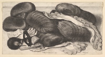静物画，有一组马夫，一双手套，风扇，面具和两条手帕，1647年。 作者 瓦茨劳斯·霍拉尔
