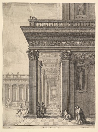 继大卫·特尼尔斯（David Teniers the Elder）之后的庙宇庭院人物，1625-77年。 作者 Wenceslaus Hollar