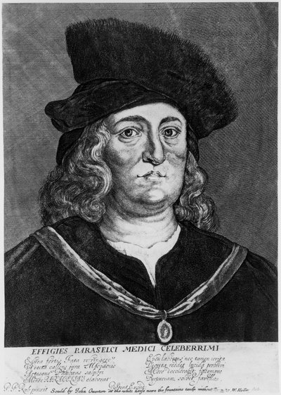 Hohenheim Paracelsus的Theophrastus Bombastus，瑞士炼金术士和医师，十六世纪。 作者 瓦茨劳斯·霍拉尔