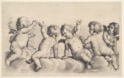 云上的三个天使和两个男孩，1620-177年。 作者 瓦茨劳斯·霍拉尔