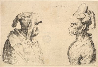 彼此面对的两个变形的头部，1625-77。 作者 瓦茨劳斯·霍拉尔