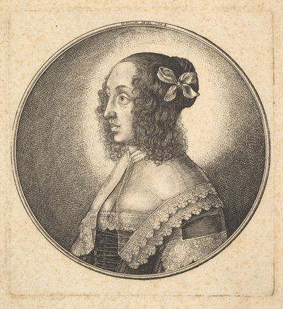 左边有黑发和蝴蝶结的女人的侧面，1642年。 作者 瓦茨劳斯·霍拉尔