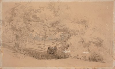 有马车的森林风景；森林风景，男子在溪流上的桥上钓鱼（双面作品） 作者 维尔纳·霍尔姆伯格