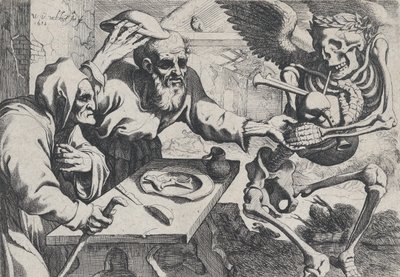 吹风笛的老夫妇和死亡，1612年。 作者 Werner Jacobsz。范登瓦尔克特