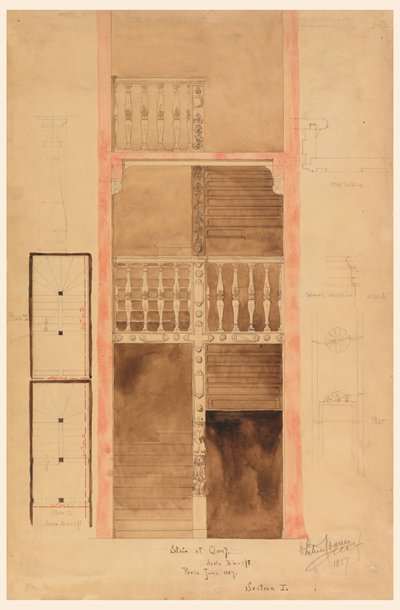素描，巴黎克吕尼楼梯，1887 年 作者 小惠特尼·沃伦
