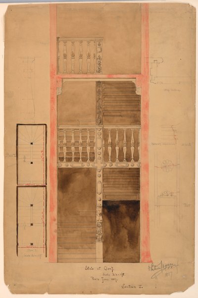素描，巴黎克吕尼楼梯，1887 年 作者 小惠特尼·沃伦