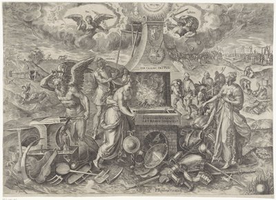 和平的力量，1577 Die Cracht des Peys（物体上的标题） 关于荷兰新的和平时期的寓言（丛书名） 作者 Marten van Cleve (I) (归属于)