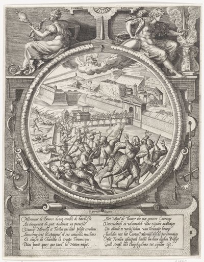 1577 年，博斯的部队将特雷斯隆和梅尔维尔的德国士兵驱逐出城堡
描绘 1577 年攻占安特卫普城堡的奖章（系列标题） 作者 维里克斯