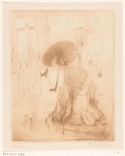 贝拿勒斯恒河岸边沐浴和洗涤的妇女 贝拿勒斯（原名） 作者 Wijnand Otto Jan Nieuwenkamp（艺术家签名）