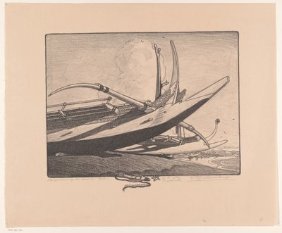 海滩上的有翼独木舟 - 巴厘岛（物体上的原始标题） 作者 Wijnand Otto Jan Nieuwenkamp（艺术家签名）