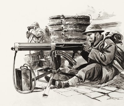 英国机枪手在敦刻尔克外等待德军（水粉画纸） 作者 威尔夫（20世纪）哈代