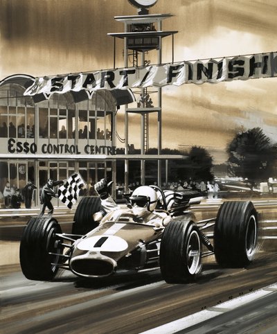 杰克-布拉汉姆（Jack Brabham）赢得首届加拿大大奖赛冠军时竖起大拇指 作者 威尔夫（20世纪）哈代