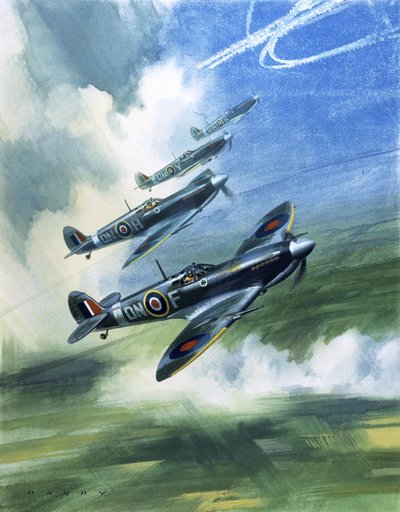 加拿大皇家空军 416 中队的巡逻飞行，喷火 Mark 9 型战斗机（纸面水粉画） 作者 威尔夫（20世纪）哈代