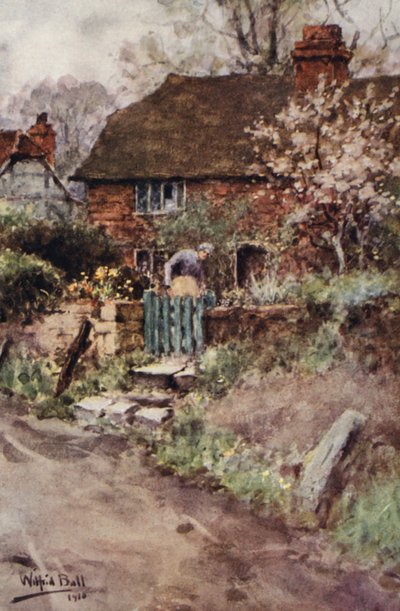 寡妇提普在她的花园小屋（彩色石版画） 作者 威尔弗里德·威廉姆斯·鲍尔