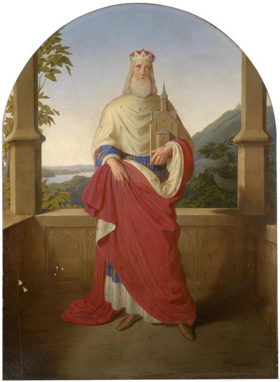 Bogdan Mandic, ou Frere Leopold dit Leopold de Castelnuovo - Saint Leopold devant le Danube et la montagne Leopoldsberg - 多瑙河景观前的圣利奥波德和背景中的利奥波德山，作者：威廉·奥古斯特 Rieder（1796-1880 年）。 布面油画 作者 威廉·奥古斯特·里德