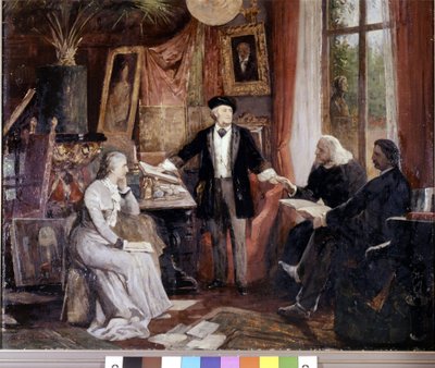 从左到右：Cosima Wagner、Richard Wagner、Franz Liszt 和 Walsogen 在拜罗伊特的瓦弗里德别墅。 贝克曼的画 作者 威廉·贝克曼