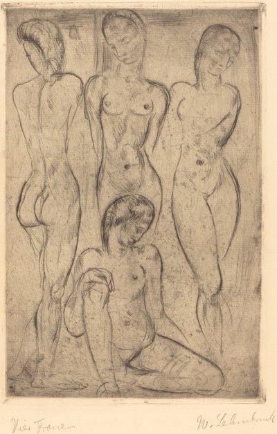 四个女人；三个站着，一个坐着（四个女人；三个站着，一个坐着） 作者 Wilhelm Lehmbruck