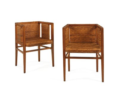 一对扶手椅，约1902年（橡木和藤制） 作者 威廉·施密特
